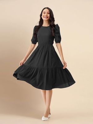 Dress for Women Cotton Blend Round Neck Half Puff Sleeve Flared Pleated Midi Western Dress