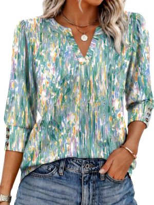 3/4 Sleeve Tops Women V Neck T Shirts Dressy Casual Blouses