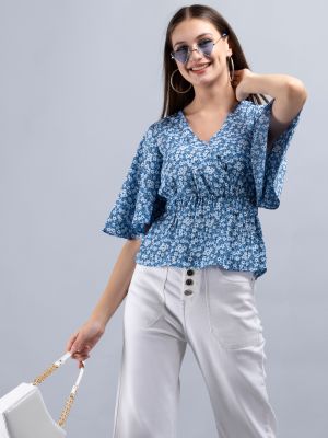 Blue Ditsy Floral Print Wrap Peplum Top