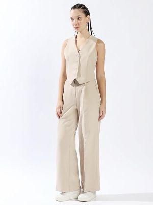Women Solid Regular Length Tailored Fit V Neck Sleeveless Waistcoat and Wide Leg Trouser Co-ord Set