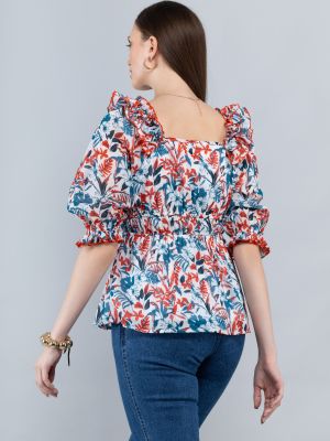 Tropical Print Georgette Peplum Top