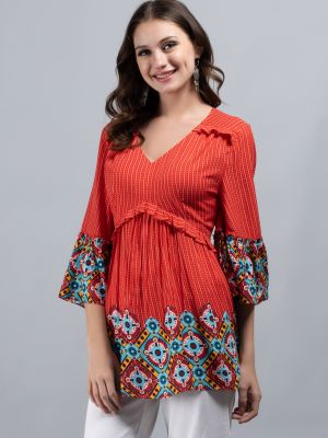 Red & Multi Border Printed Peplum Style Viscose Rayon Tunic Top