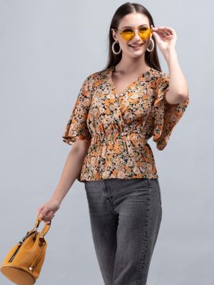 Multi Colour Floral Print Wrap Peplum Top