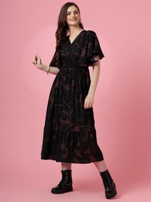 Women's Maxi Geometric Print Crepe Flared Sleeve Casual Dress