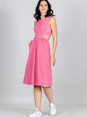 Punch Pink Flared Denim Midi Dress