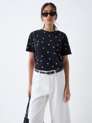 Black Polka Dotted Cotton T-Shirt