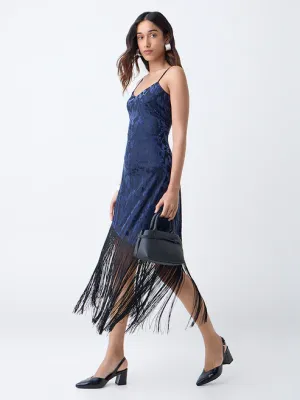 Navy Fringe-Detailed Velvet Bodycon Dress