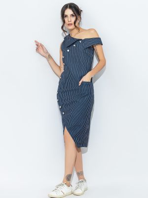 Blue Denim Stripe Print One Shoulder Midi Dress