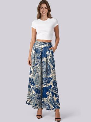 Womens Linen Palazzo Pants High Waist Pleated Trousers with Pockets