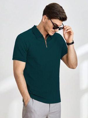 Men's Polyster Blend Regular Fit T-Shirt with Half Sleeve Chain Polo Collar V-Neck Standard Length and Classic Style