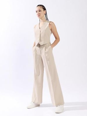 Women Solid Regular Length Tailored Fit V Neck Sleeveless Waistcoat and Wide Leg Trouser Co-ord Set