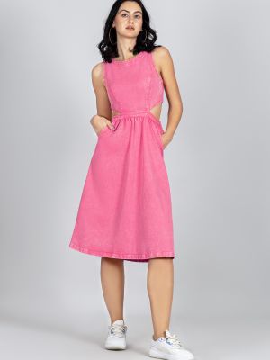 Punch Pink Flared Denim Midi Dress