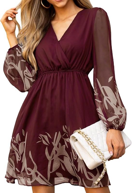 Product Womens Fall Floral Dress Boho Vacation Mini Wedding Guest Dresses Image
