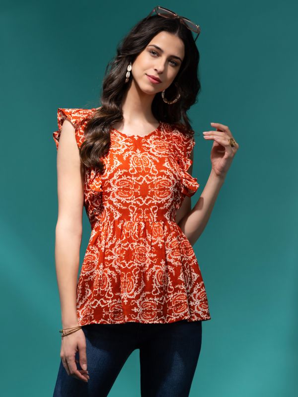 Product All Over Paisley Printed Rust Cotton Voile Ruffle Top Image