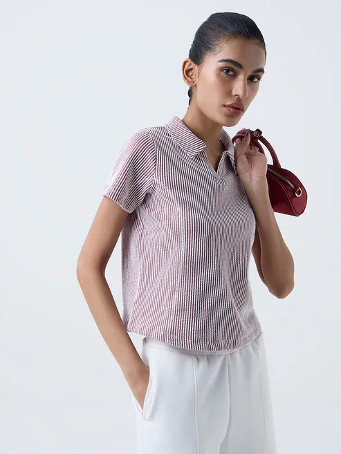 Product Maroon Striped Cotton-Blend T-Shirt Image
