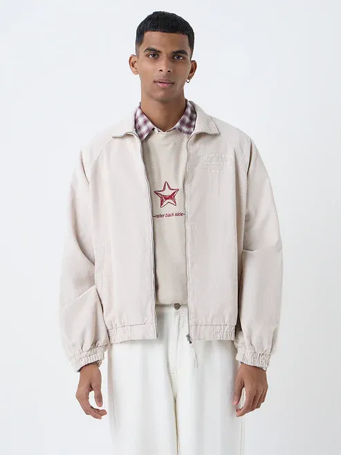 Product Beige Typographic Relaxed-Fit Corduroy Jacket Image
