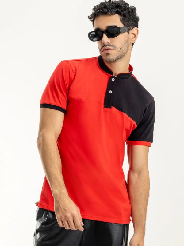 Product Red & Black Regular Fit Men's Henley Collar T-shirt Image