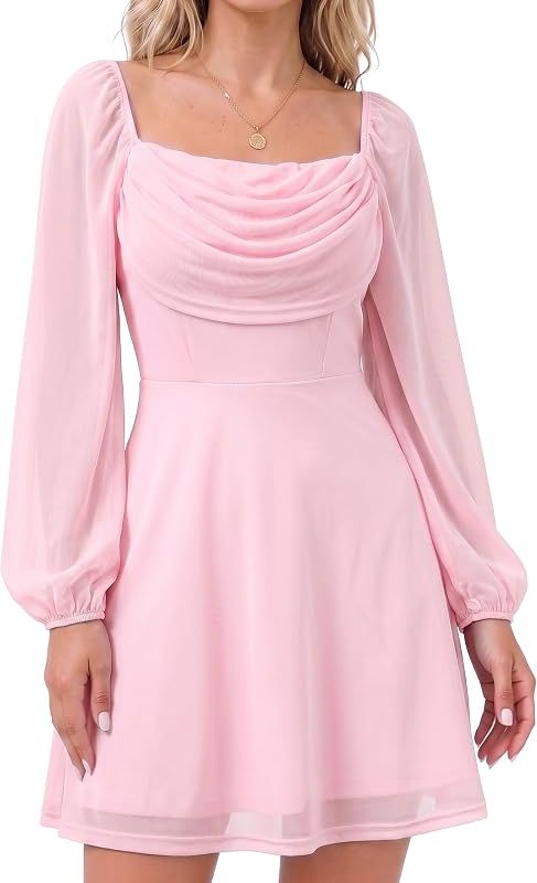 Product Women's Long Lantern Sleeve Square Neck A-Line Mesh Mini Dresses Image