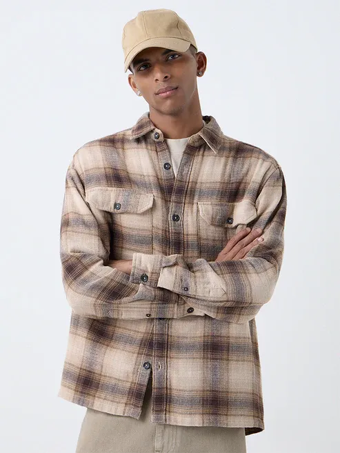 Product Light Brown Checkered Relaxed-Fit Cotton Shirt Image