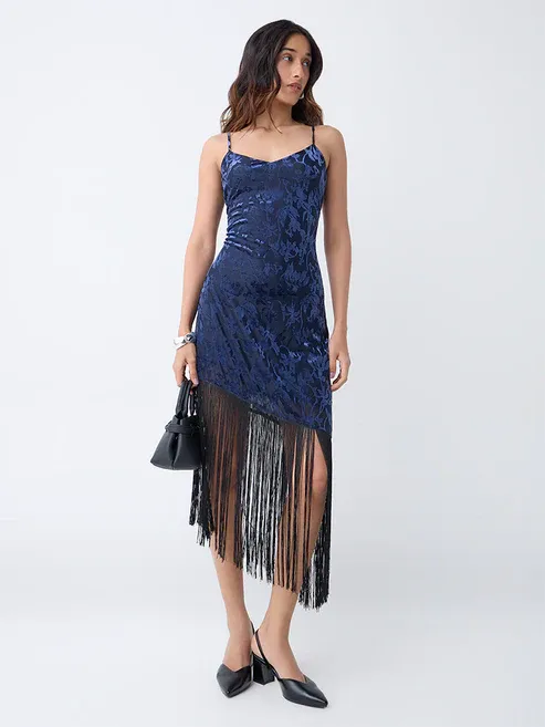 Product Navy Fringe-Detailed Velvet Bodycon Dress Image