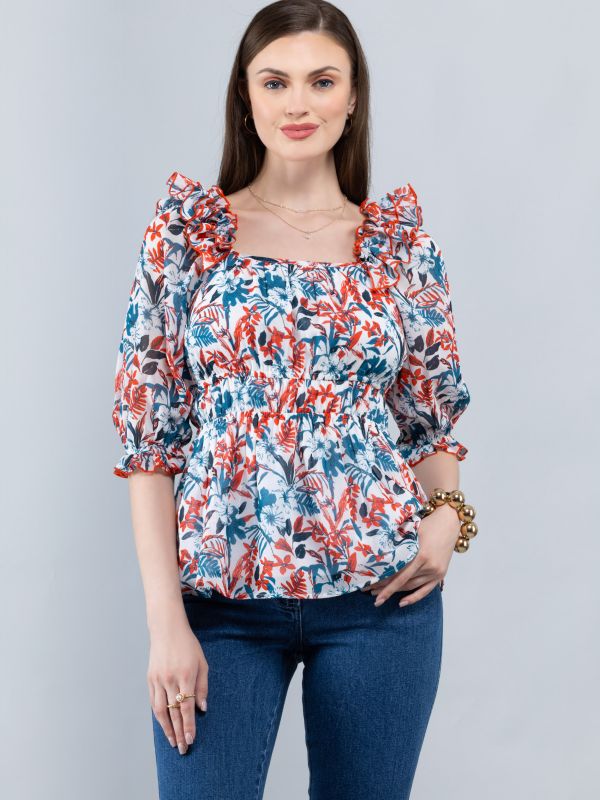 Product Tropical Print Georgette Peplum Top Image