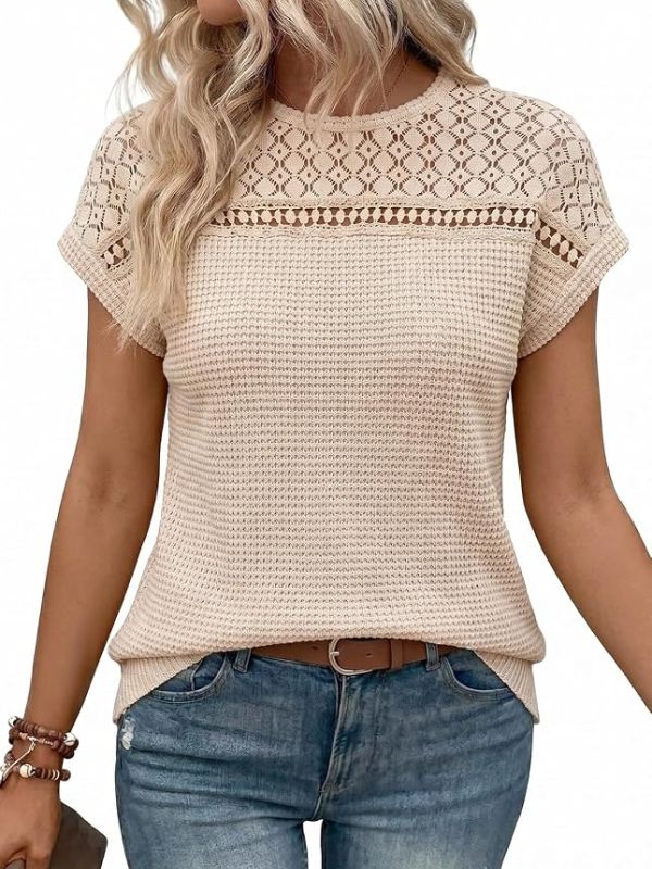 Product Women's Tops Casual Scoop Neck Short Sleeve Waffle Knit Hollow Out Shirts Loose Tunic Tops Blouses Image