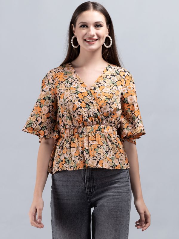 Product Multi Colour Floral Print Wrap Peplum Top Image
