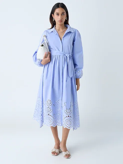 Product Light Blue Schiffli Design Cotton Shirt Dress with Belt Image