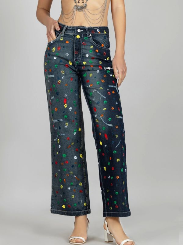 Product Blue Wide Leg Brush Strokes Painted Women’s Jeans Image