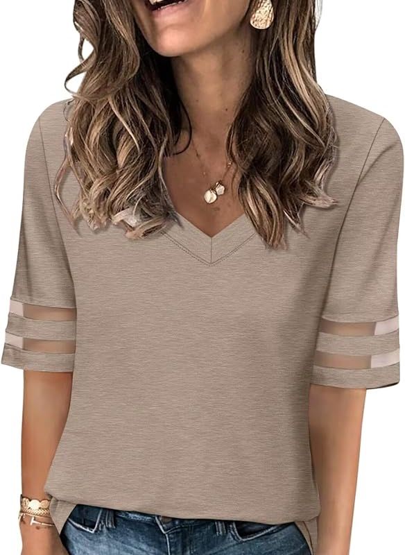 Product Women's Mesh Panel Half Sleeve Tops Summer V Neck Tee Shirts Image