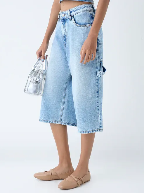 Product Light Blue Faded Mid-Rise Denim Jorts Image