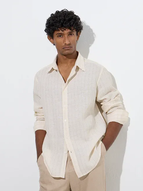 Product Light Yellow Striped Relaxed-Fit Linen Shirt Image
