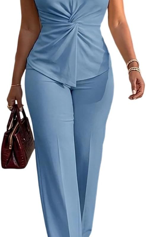 Product Women 2 Piece Outfits Straight Wide Leg Pants Casual Set Image