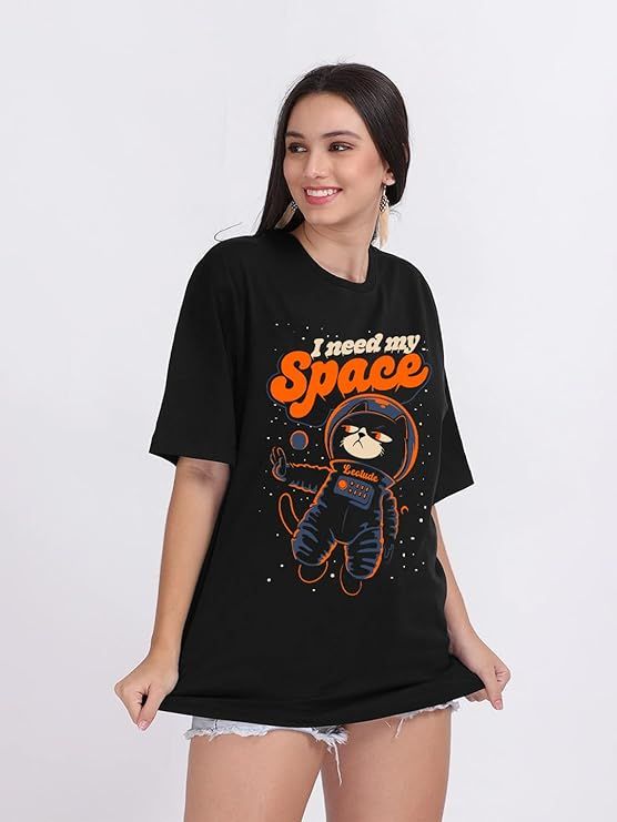 Product Women Cotton Blend Half Sleeve Oversized Tshirt Round Neck Longline Printed Drop Shoulder Baggie T-Shirt Image
