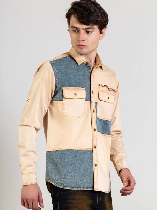 Product Beige Slim Fit Men's Denim Cotton Shirt Image
