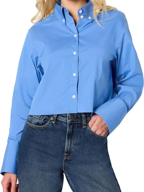 Product Essentials Women's Oversized-Fit Cropped Cotton Stretch Poplin Button-Down Shirt Image