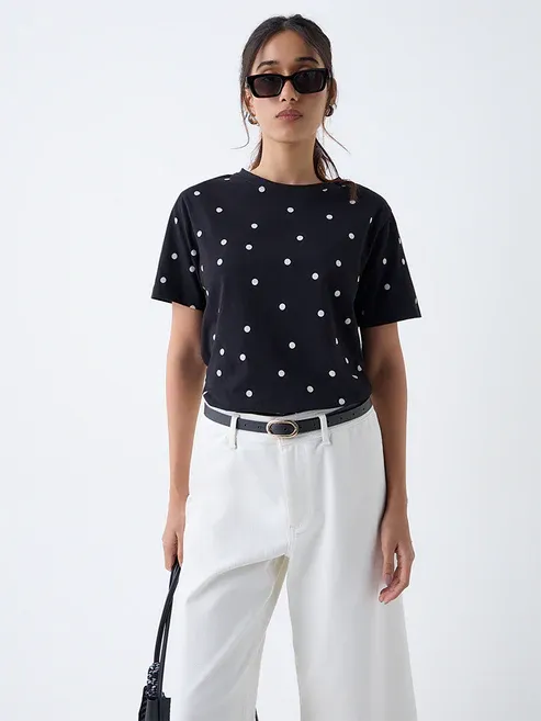 Product Black Polka Dotted Cotton T-Shirt Image
