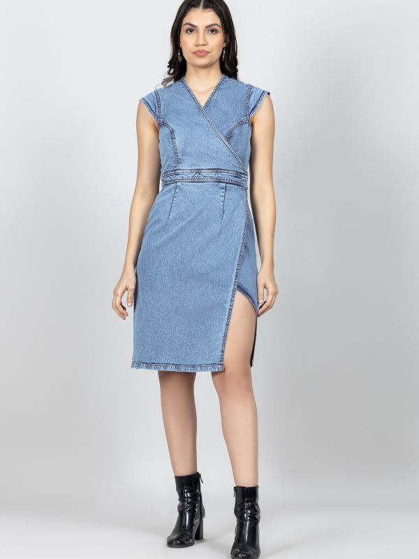 Product Blue Wrap Relaxed Fit Denim Midi Dress Image