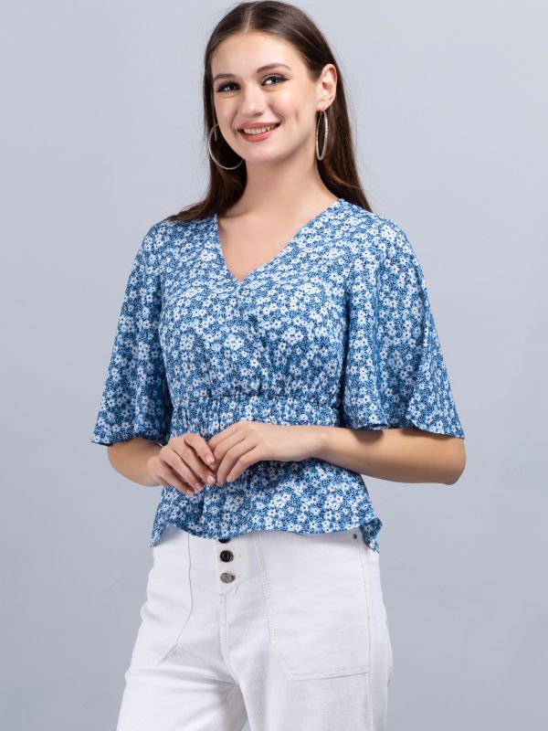 Product Blue Ditsy Floral Print Wrap Peplum Top Image