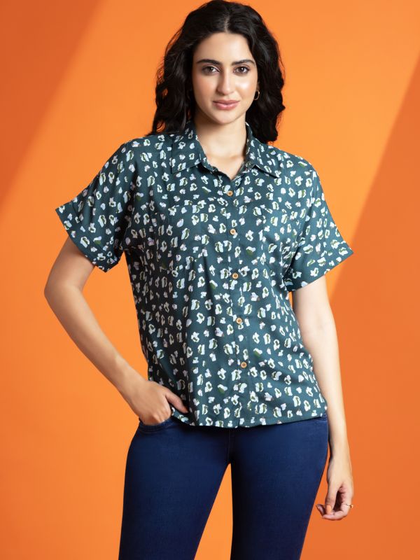 Product Turquoise Green Abstarct Print Relax Fit Rayon Top Image