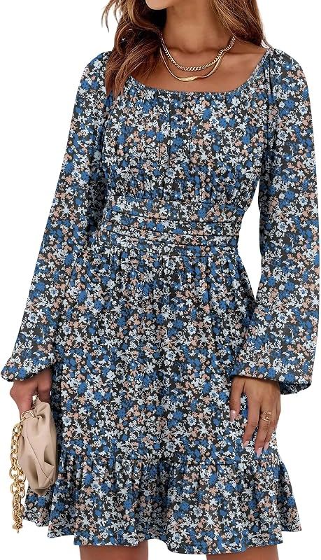 Product Women Long Lantern Sleeve Square Neck Fall Short Dress Image